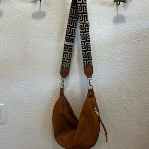 Stylish Tan Shoulder Bag with Patterned Strap